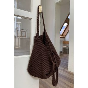 Retro Coffee Knit Tote Bag for Women 2025 Spring Korean Style Woven Large Capacity Shoulder Bag