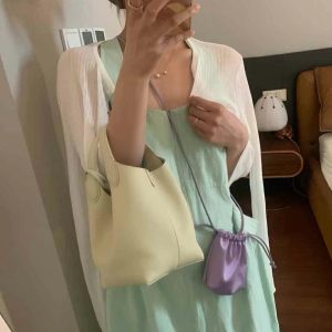 MBH Top Grain Leather Litchi Pattern Bucket Bag Korean Style Spring Summer Crossbody Genuine Leather Handbag