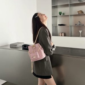 MBH Lambskin Quilted Bucket Backpack with Chain and Pouch in Girl Pink