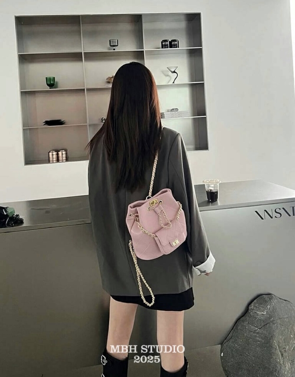 MBH Lambskin Quilted Bucket Backpack with Chain and Pouch in Girl Pink - Image 2