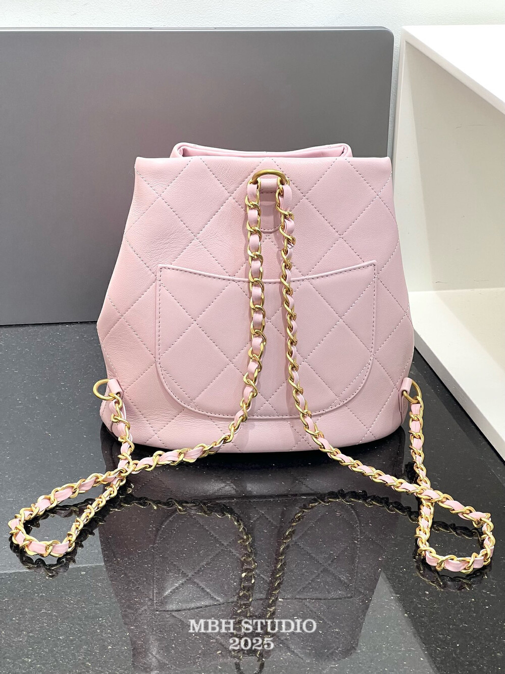 MBH Lambskin Quilted Bucket Backpack with Chain and Pouch in Girl Pink - Image 4