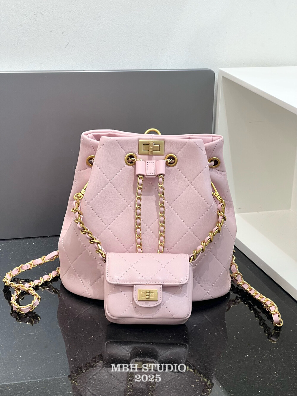 MBH Lambskin Quilted Bucket Backpack with Chain and Pouch in Girl Pink - Image 3