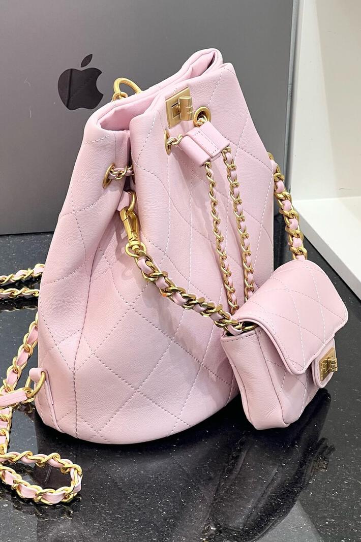 MBH Lambskin Quilted Bucket Backpack with Chain and Pouch in Girl Pink - Image 5