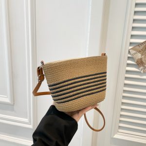 Summer Resort Straw Woven Bucket Bag Women Large Capacity Crossbody Shoulder Bag