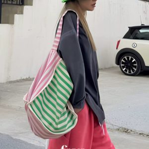Korean Style Color Block Striped Canvas Beach Bucket Shoulder Bag
