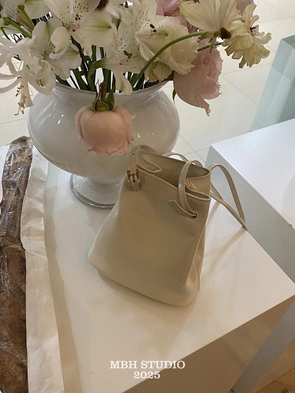 MBH Oil Wax Cowhide Leather Mini Bucket Bag Crossbody Shoulder Bag