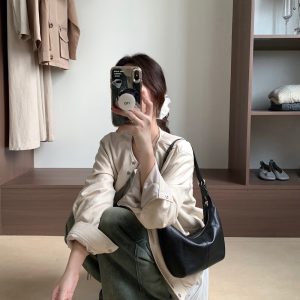 MBH Women's Vintage Dumpling Shoulder Bag with Strap - Black Brown