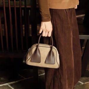 Matte Leather Color Block Bowling Bag Crossbody Handbag with Shoulder Strap