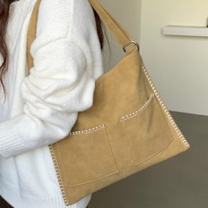 NO MORE Faux Suede Vintage Multi-Pocket Shoulder Bag Women's Motorcycle Style Underarm Handbag