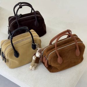MBH Double Compartment Boston Bag Suede Vintage Large Capacity Commuter Handbag