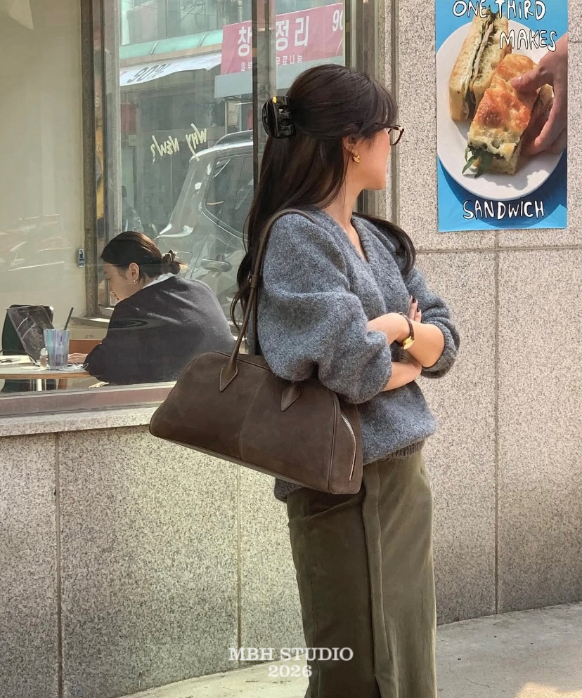 MBH Autumn Winter Suede Leather Retro Boston Bag Large Capacity Commuter Shoulder Bag - Image 4