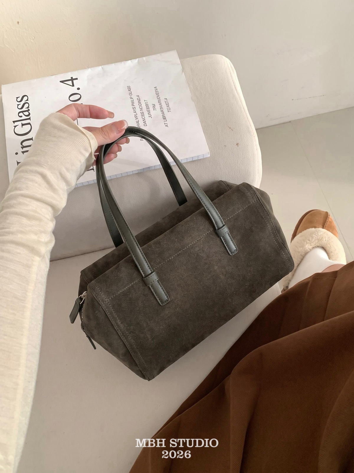 MBH Autumn 2026 Women's Matte Leather Boston Bag Large Capacity Handbag